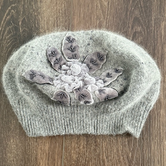 C.C Exclusives Gray Angora Wool Beret Floral Beaded Detail - Picture 4 of 8